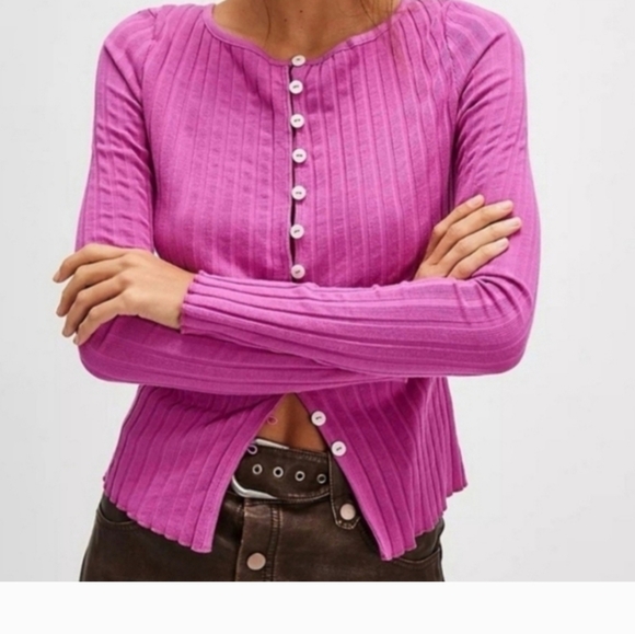 Free People Tilly Long Sleeve Button-Up Ribbed Cardigan Top Size S - Picture 10 of 10